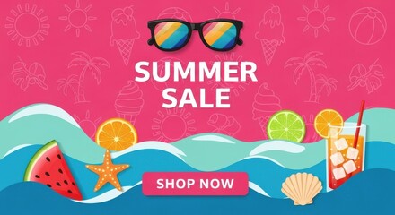 Vibrant summer sale banner with tropical elements and refreshing drinks