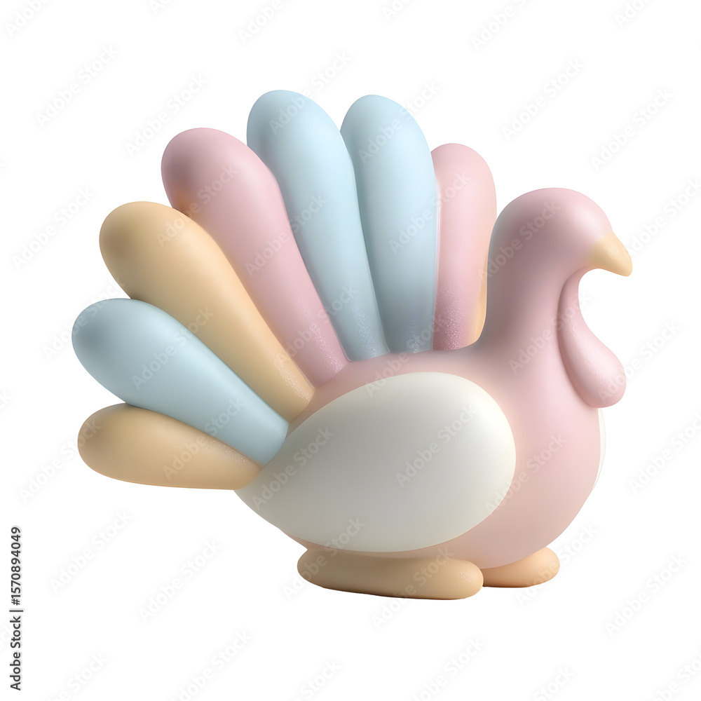Aufkleber Delicate pastel colored clay sculpture of a turkey in a minimalist stylized design showcasing its elegant tail feathers in a centered side view composition on a clean white background