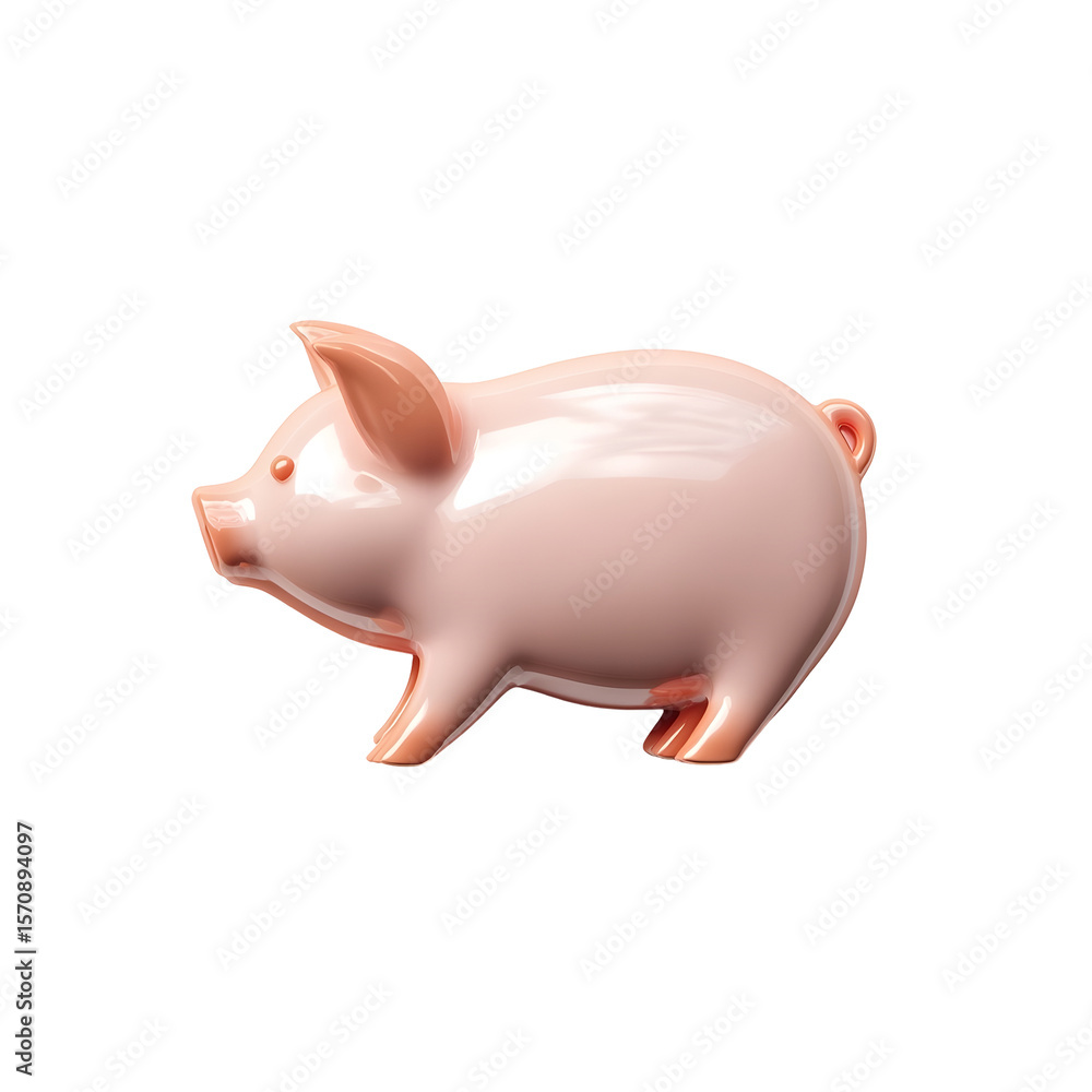Aufkleber A pastel colored ceramic 3D piggy bank in a minimal cute and stylized design with a smooth round surface and a simple side profile set against a plain white background