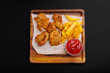 Crispy fried chicken with golden fries on a wooden tray