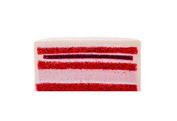 Brightly layered red velvet cake with cream frosting on a clean surface