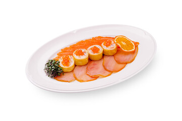 Delicious salmon dish with orange and garnish served on a white platter