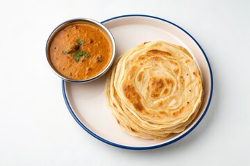 Roti Canai on Enamel Plate with Dhal Curry in Metal Bowl for Delicious Meal Presentation