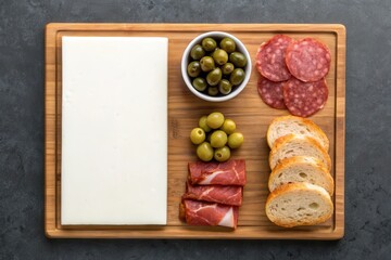 Elegant Wooden Board with Olives, Cold Cuts, and Fresh Bread in Overhead Layout