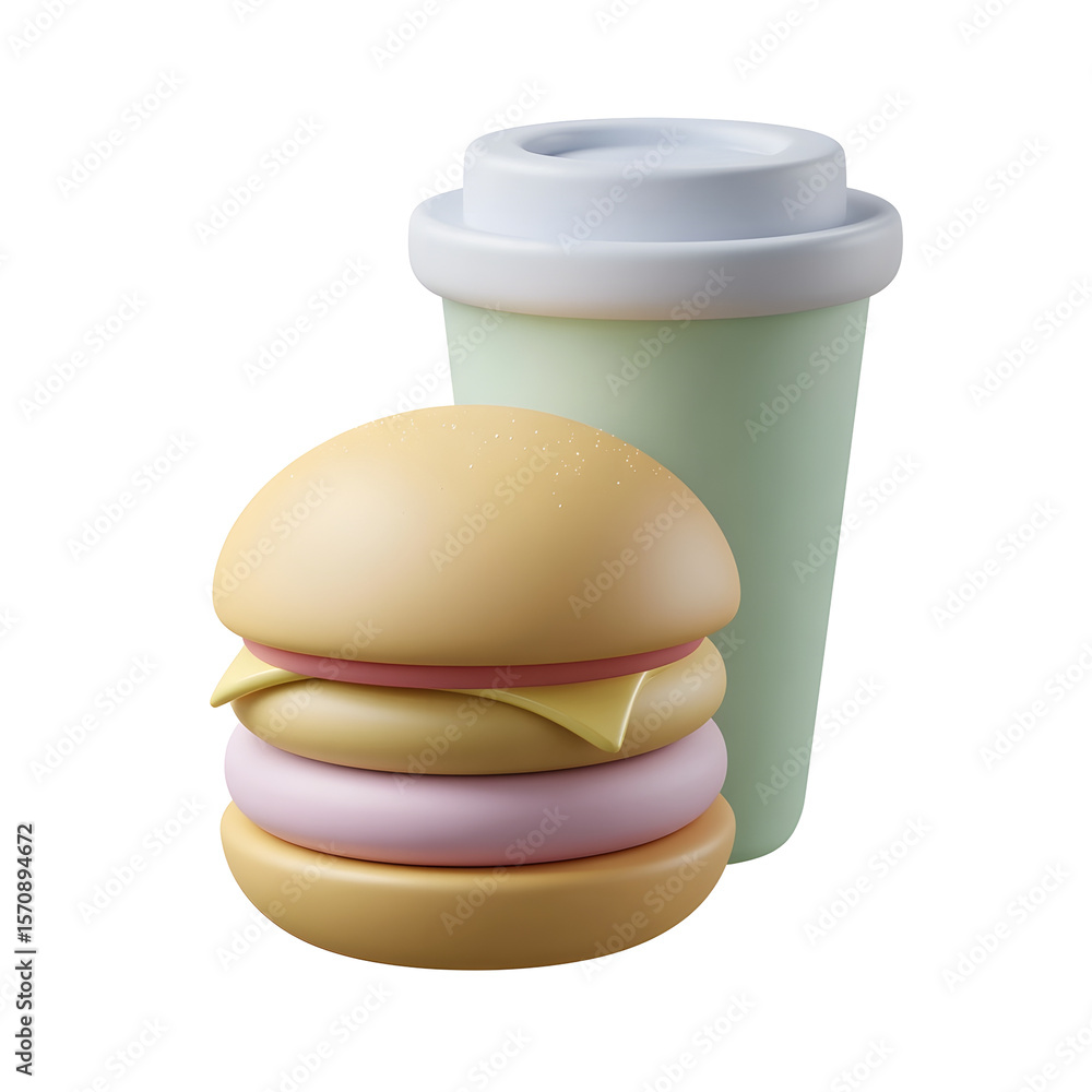 Poster a minimalist pastel colored 3d clay style icon depicting a stylized burger and drink cup combo with 