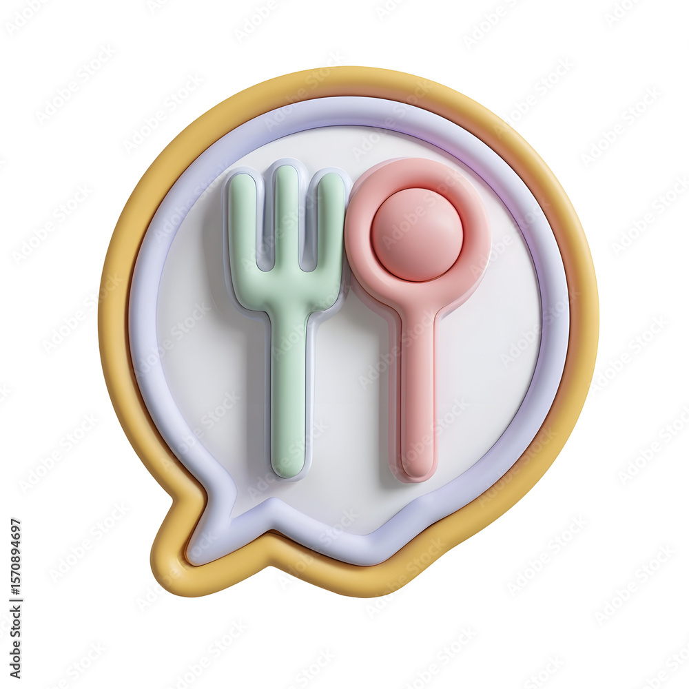 Poster 3D pastel colored clay style icon of a speech bubble containing a fork and spoon representing food reviews or dining experiences