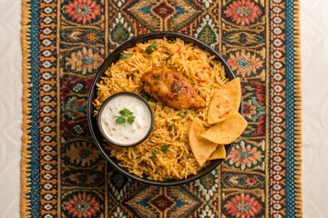 Delicious Chicken Biryani Served with Raita and Papadam on Elegant Fabric Background