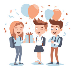 Joyful Celebration with Friends Holding Balloons and Gifts in a Cartoon Style