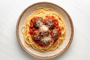 Delicious Meatballs with Parmesan on Rustic Plate Surrounded by Tomato Sauce and Spaghetti