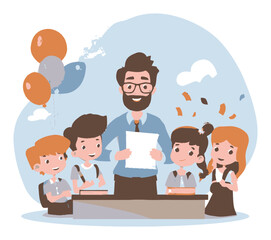 Happy Teacher Celebrating Success with Students in Fun Cartoon Style