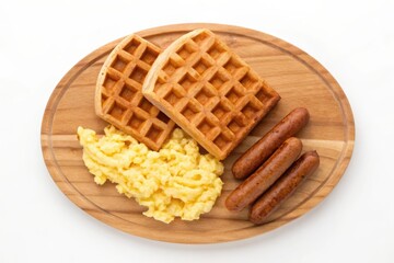 Delicious Breakfast Platter with Waffles, Scrambled Eggs, and Sausages on Wooden Board