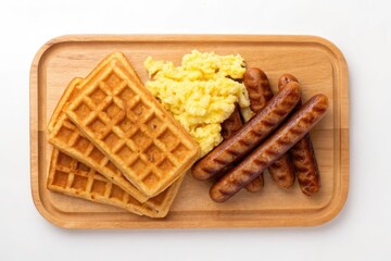 Delicious Breakfast Platter Featuring Waffles, Scrambled Eggs, and Sausages on Wooden Board