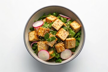 Fresh Salad Bowl with Sesame Dressing and Sliced Radish on Clean Modern Background