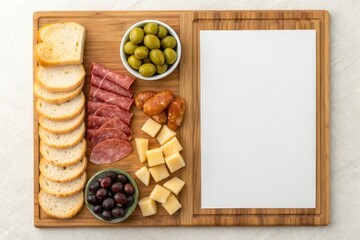 Wooden Board with Olives, Cold Cuts, Bread, and Blank Space for Customization