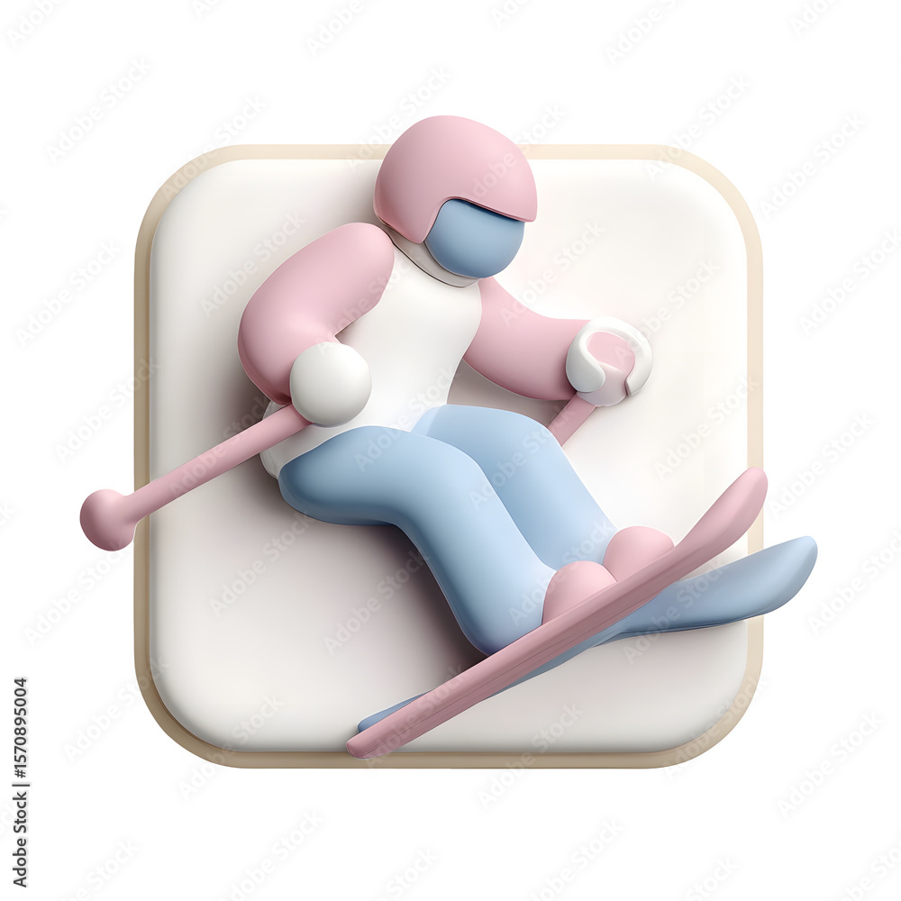 Aufkleber Vibrant pastel colored 3D clay style icon depicting a dynamic skiing athlete in motion with poles and a smooth minimalist design on a clean white background