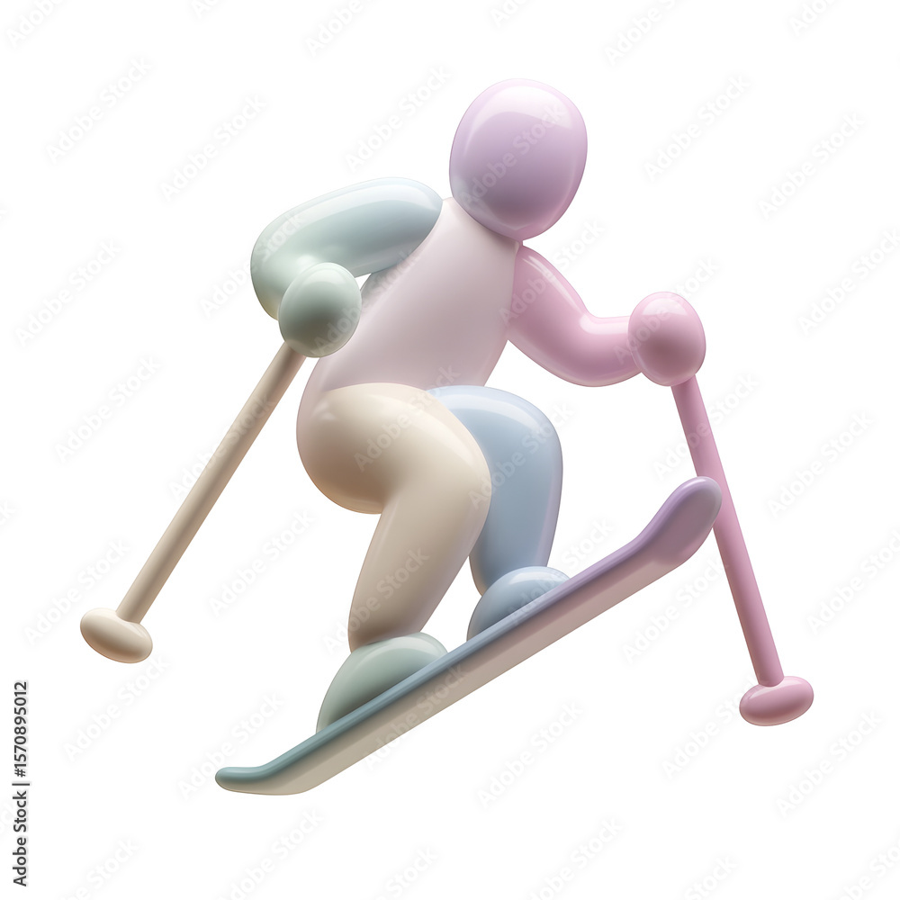 Poster minimalist 3d clay style icon depicting a skier in dynamic action pose with skiing poles set against