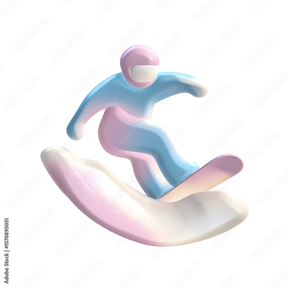 Aufkleber A minimalist pastel colored 3D clay style icon depicting a snowboarder in motion on a smooth simplified slope