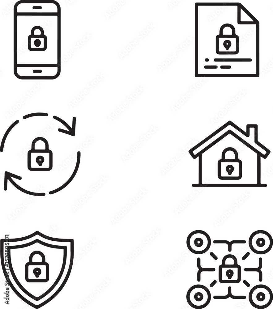 Poster cybersecurity icons depicting data protection and network security with phone, document, shield, hom