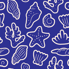 Seamless vector pattern with abstract sea shells, starfish, coral silhouettes. Contemporary art coastal summer background. Hand drawn beach print for wallpaper, wrapping paper, textile design
