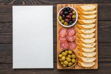 Overhead View of Wooden Board Garnished with Cold Cuts, Olives, and Bread for Elegant Presentation