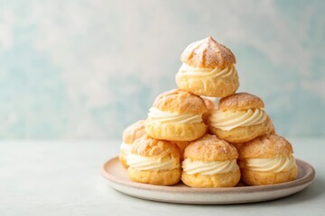 Soft Cream Filled Puffs Arranged in a Pyramid on a Ceramic Plate with a Light Background