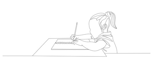 continuous line vector design of a little boy writing in class
