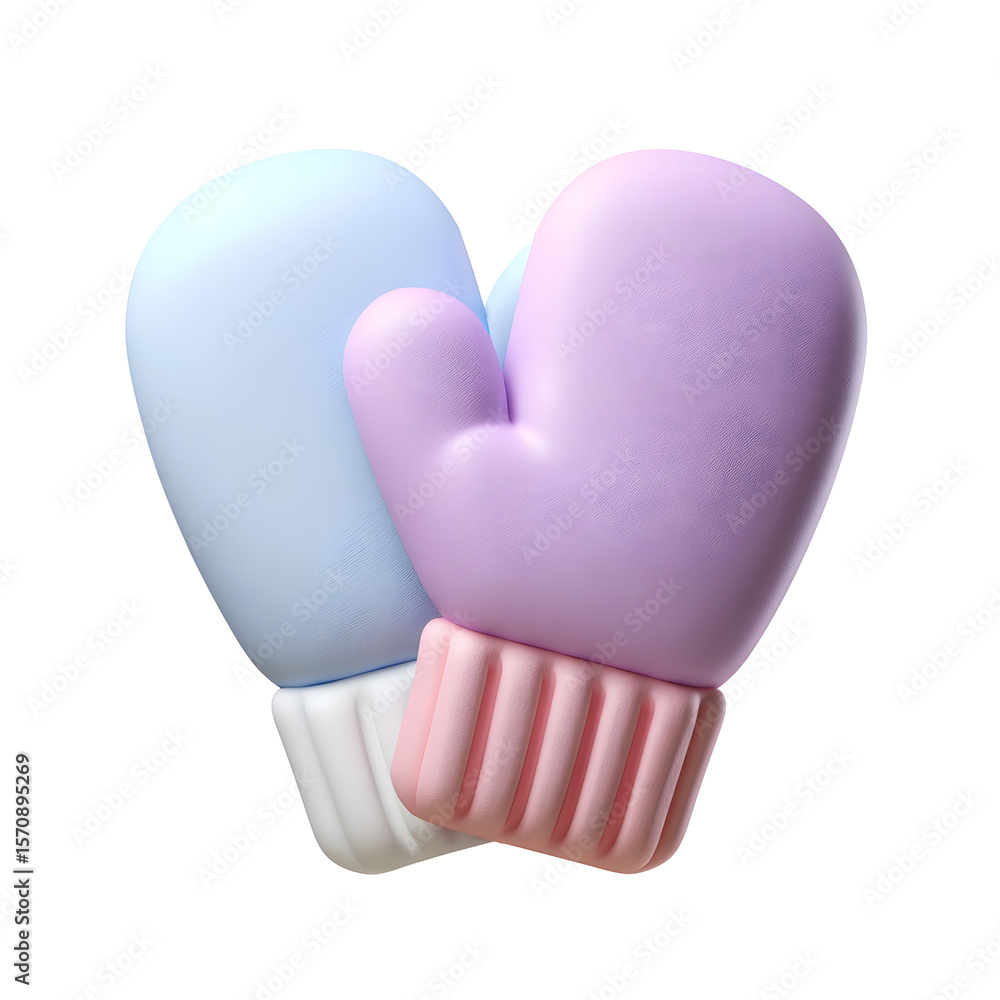 Aufkleber Minimalist 3D clay style icon of a pair of soft pastel colored winter mittens against a clean white background