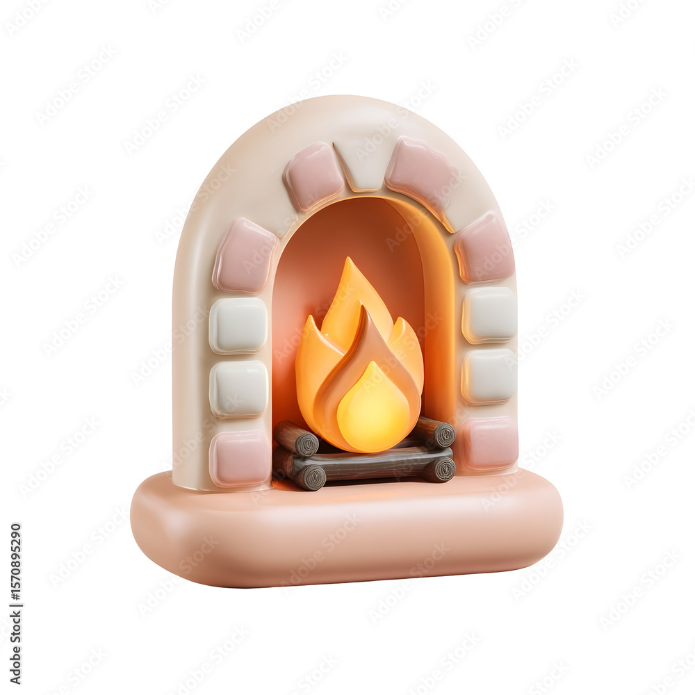 Poster a stylized 3d clay like icon of a cozy fireplace with a soft warm flame in a soothing pastel color p