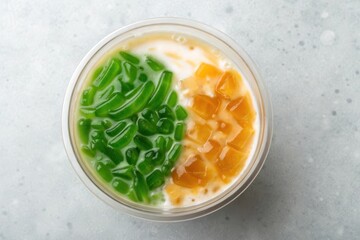 Colorful Dessert in Clear Glass Bowl with Gula Melaka and Coconut Milk from Overhead View