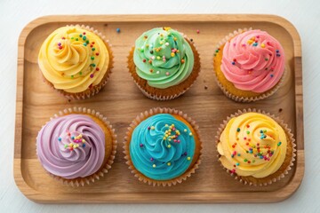 Colorful Cupcakes with Icing and Sprinkles on Wooden Tray in Full Shot for Text Placement