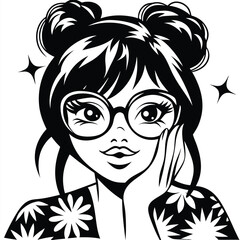 Charming young woman with space buns and floral shirt smiles brightly