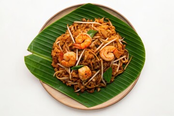 Delicious Kuey Teow with Prawns and Bean Sprouts on Banana Leaf Plate
