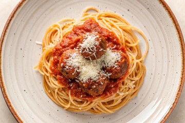 Meatballs with Parmesan on Rustic Plate Surrounded by Tomato Sauce and Spaghetti Noodles