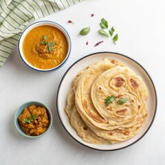 Delicious Roti Canai Served on Enamel Plate with Dhal and Curry in Metal Bowl