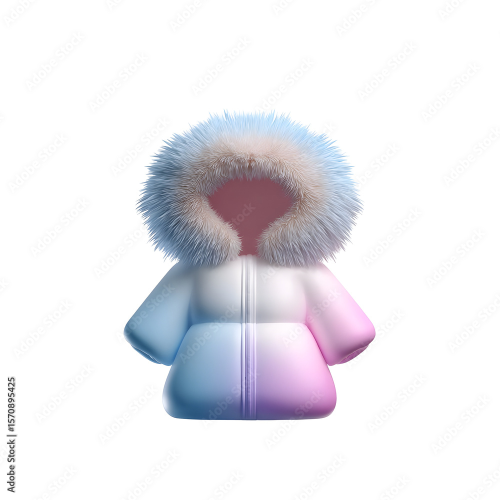 Aufkleber a minimalist 3d icon depicting a pastel colored winter coat with a soft fluffy fur hood in a smooth 