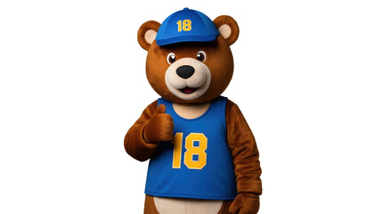 Brown bear mascot in blue jersey gives thumbs up. Cheerful animal character for kids entertainment and sports team. On transparent background.