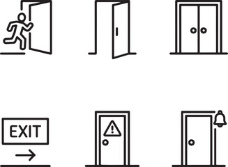Diverse Door Icon Set Depicting Emergency Exit, Open Doors, Double Doors, and Warning Sign Doors with Ringing Bell