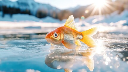 Golden fish resting on frozen lake.