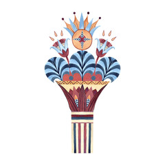 Egyptian composition vase with lotus, palm, column ancient symbols. Ethnic patterns, ornate. Watercolor illustration isolated on white. Ancient culture concept for souvenir, postcard. Vertical border