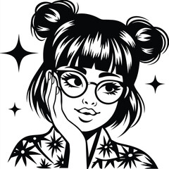A pensive young girl with space buns and glasses rests her face on her hand