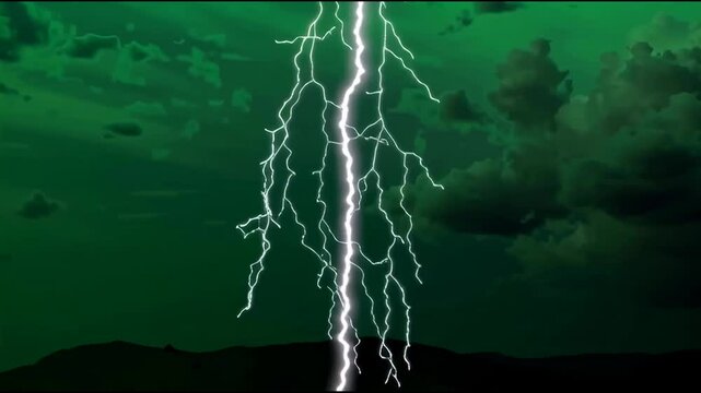 Lightning animation on green background. Bright bolts flash quickly.