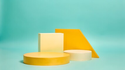 Yellow and White Geometric Podiums on Teal Minimal Background