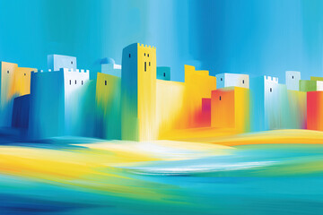A vibrant, abstract painting of ancient Jerusalem. Stylized towers and walls under a bright blue sky, representing the biblical holy city of Zion. Modern, painterly art.