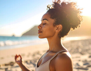Young Black Woman Practicing Yoga at Sunrise on Serene Beach