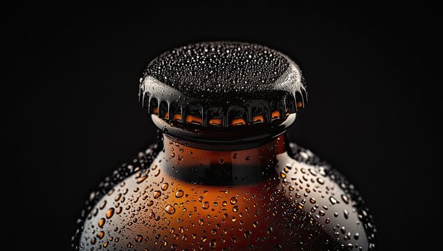 Close-up of a dark amber bottle cap, wet with condensation