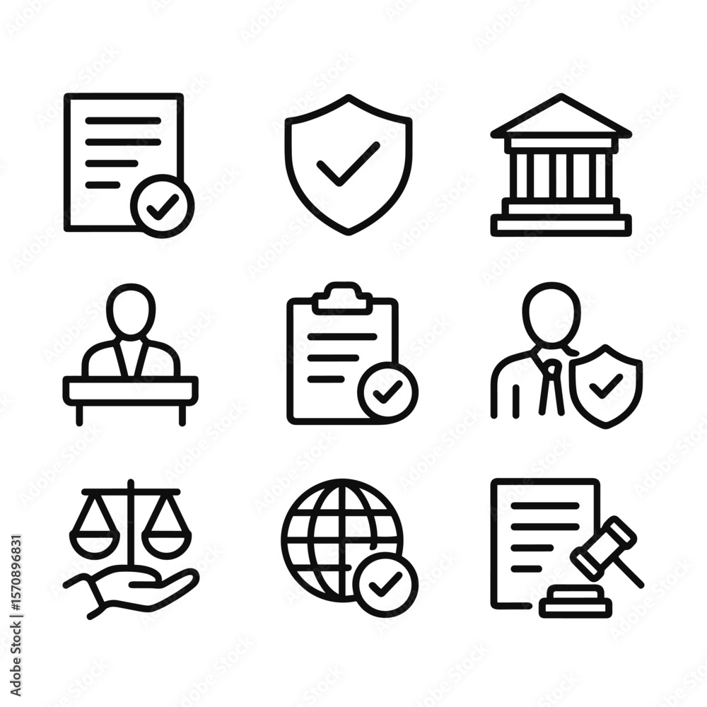 Poster policy icons set with document and regulation symbols. outline symbols. line design