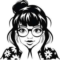 Monochrome girl with glasses and hair bun rests her face against her hands