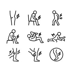Muscle pain icons with leg cramp and strain symbols. Outline symbols. Line design