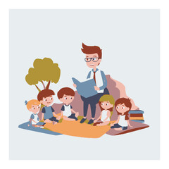 Teacher Reading to Children in a Cartoon Style on a Soft Background