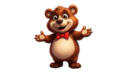 Cute cartoon brown bear with a red bow tie stands with open arms, a friendly mascot character on transparent background for kids' design.